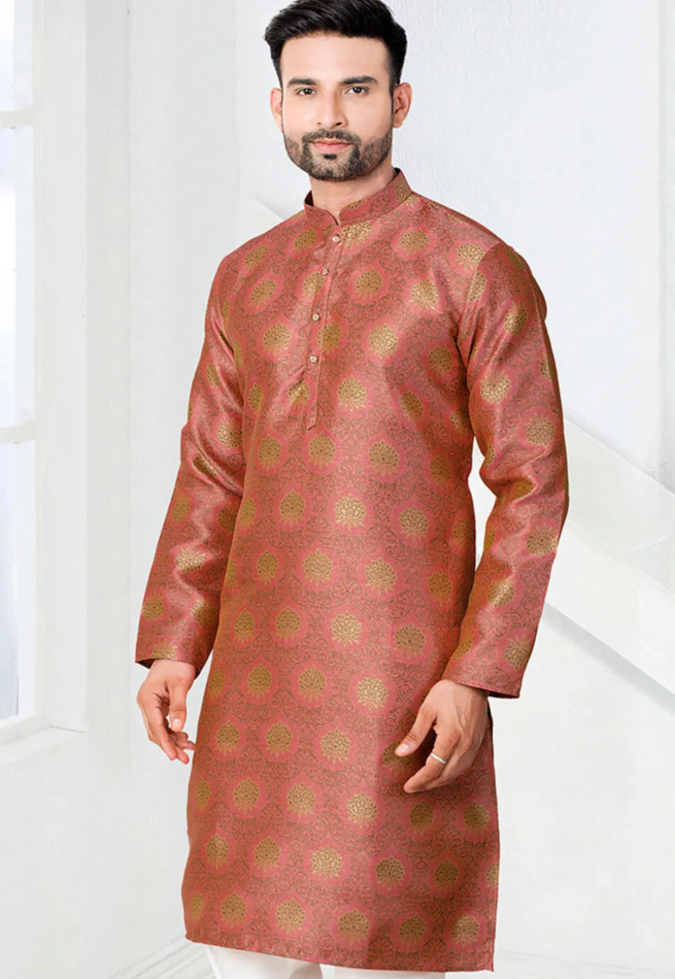 Woven Art Silk Jacquard Kurta in Peach