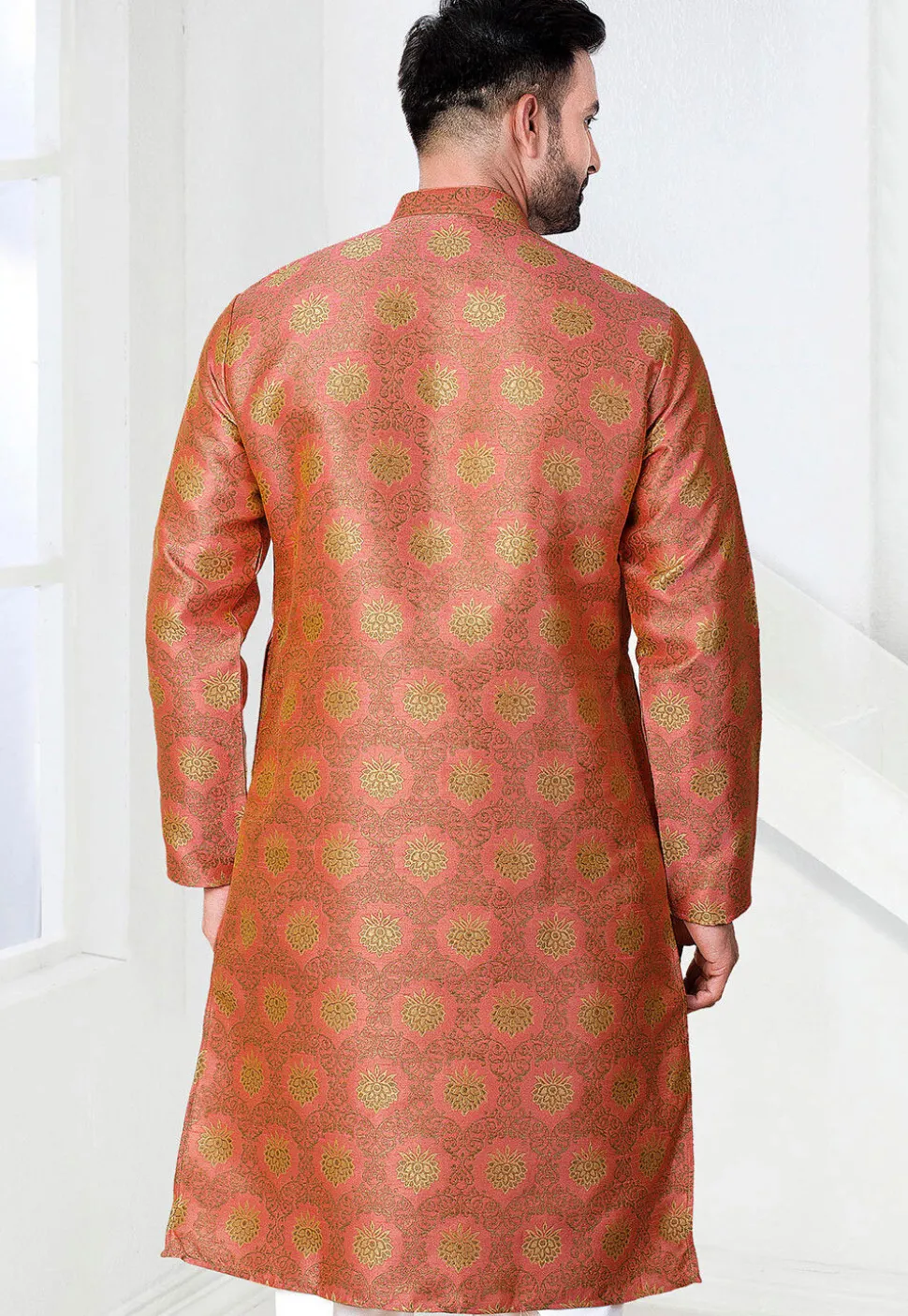 Woven Art Silk Jacquard Kurta in Peach