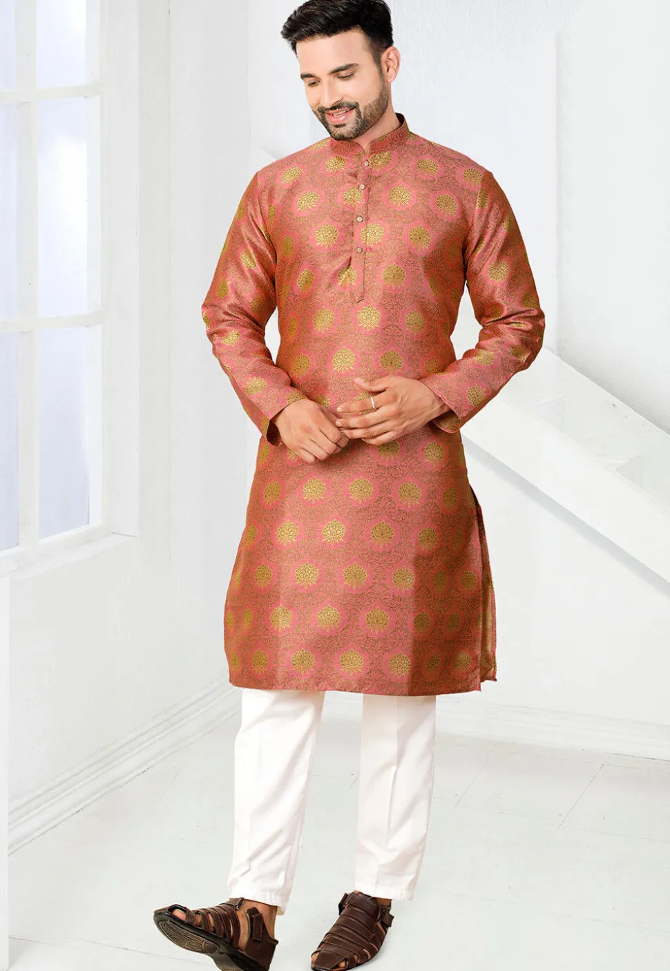 Woven Art Silk Jacquard Kurta in Peach