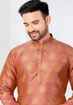 Woven Art Silk Jacquard Kurta in Peach