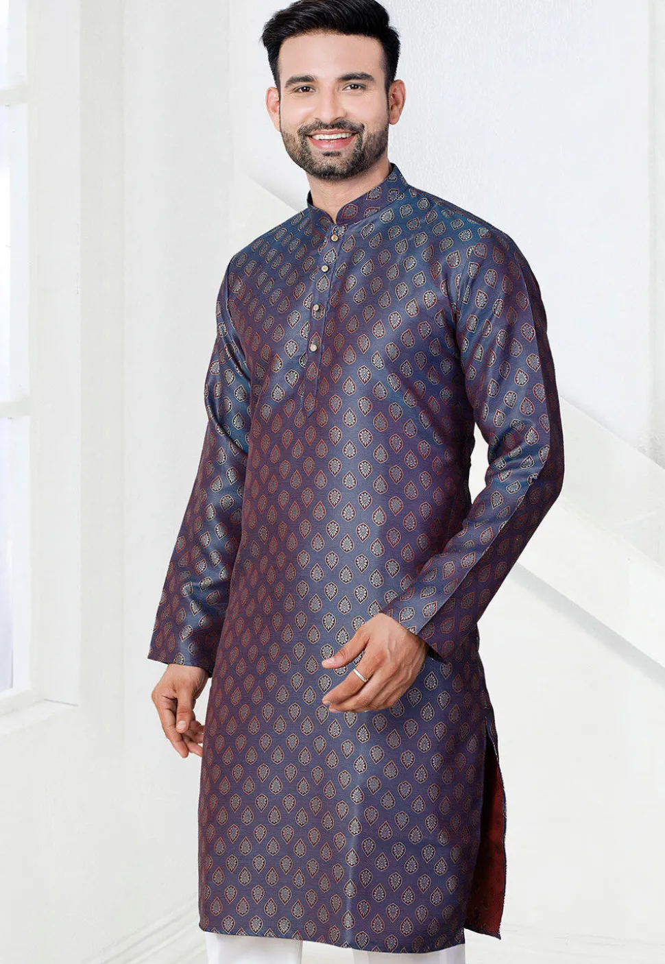 Woven Art Silk Jacquard Kurta in Blue
