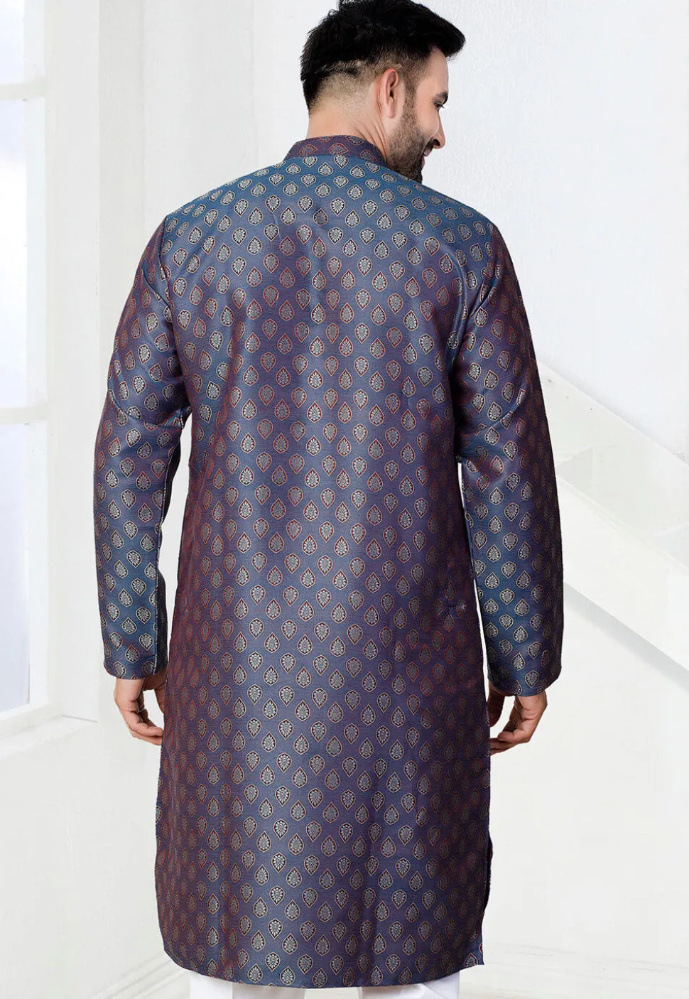 Woven Art Silk Jacquard Kurta in Blue