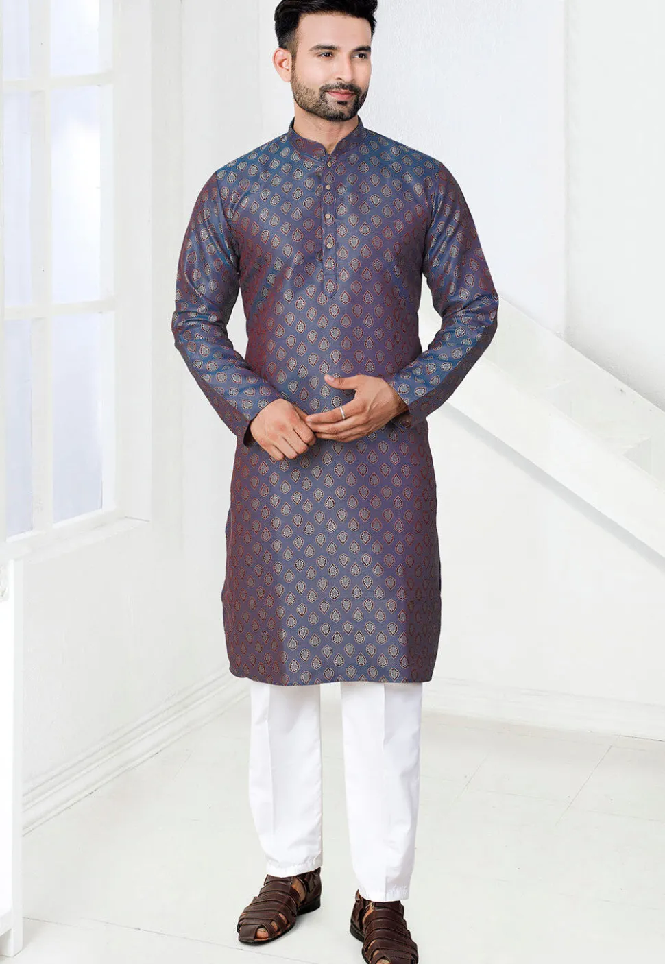 Woven Art Silk Jacquard Kurta in Blue