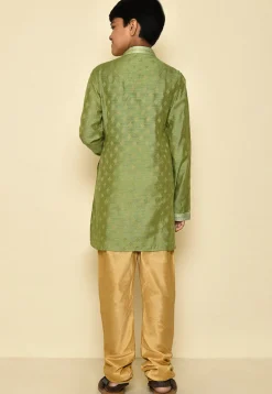 Woven Art Silk Jacquard Kurta Set in Green