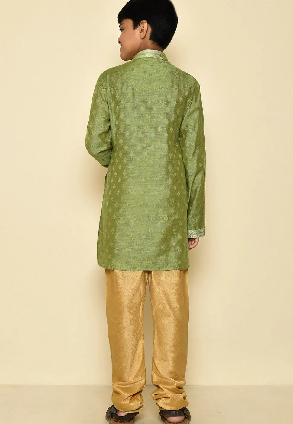 Woven Art Silk Jacquard Kurta Set in Green