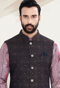 Woven Art Silk Jacquard Kurta Set in Pink and Navy Blue