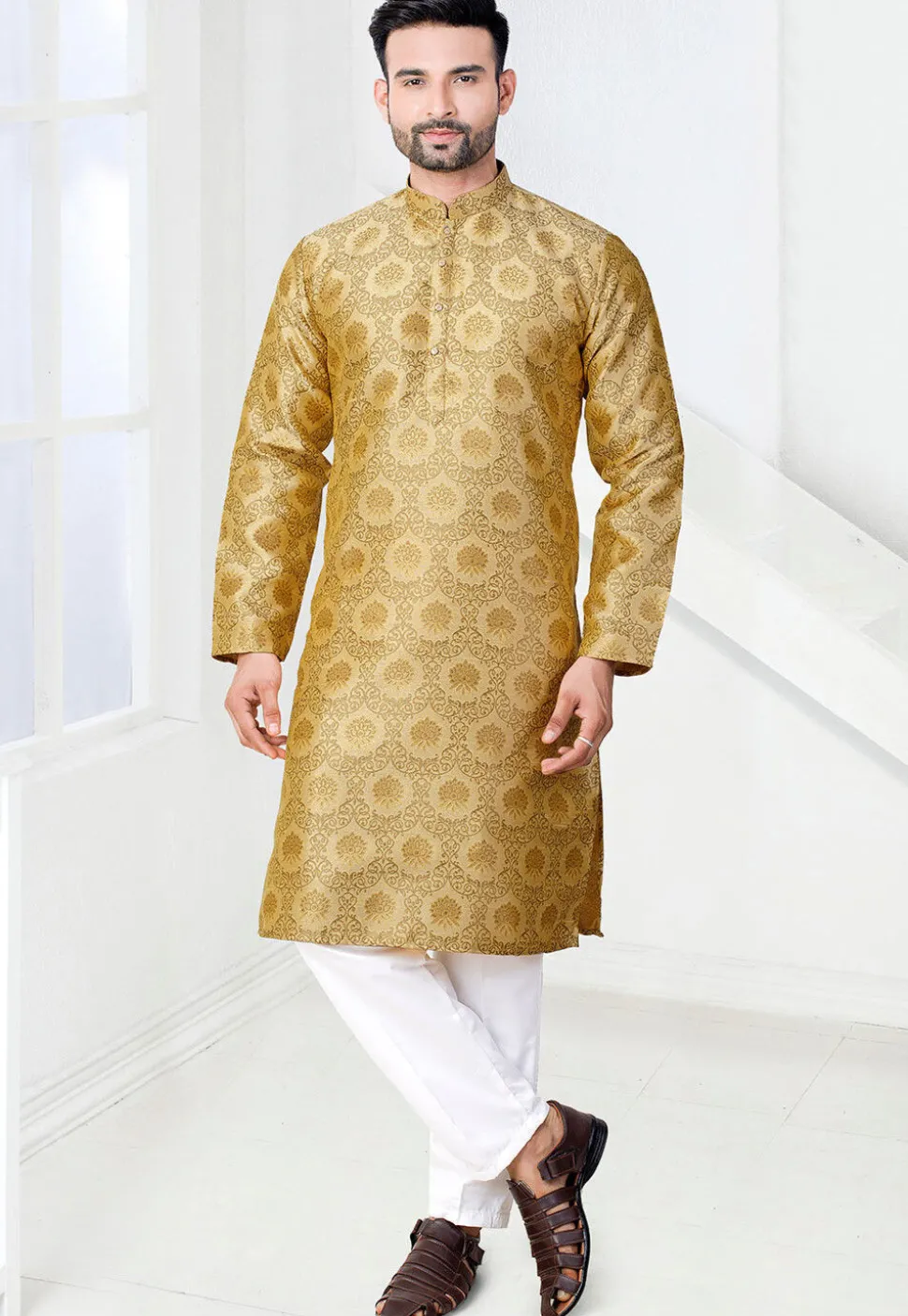 Woven Art Silk Jacquard Kurta Set in Beige
