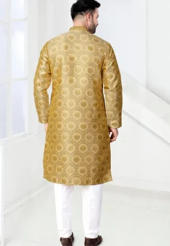 Woven Art Silk Jacquard Kurta Set in Beige