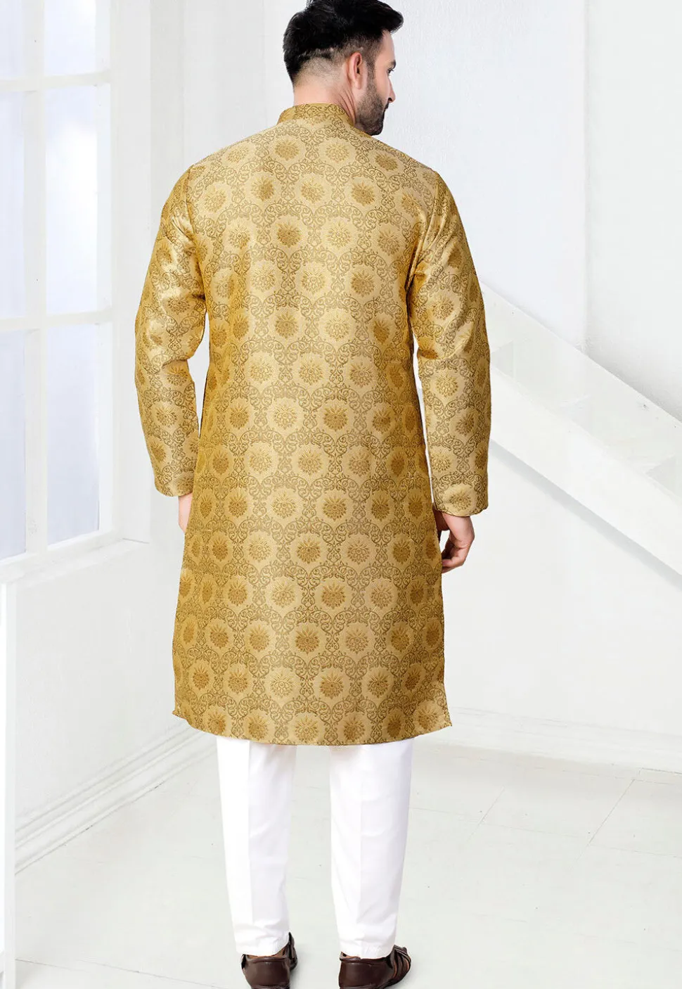 Woven Art Silk Jacquard Kurta Set in Beige