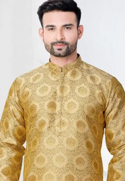 Woven Art Silk Jacquard Kurta Set in Beige