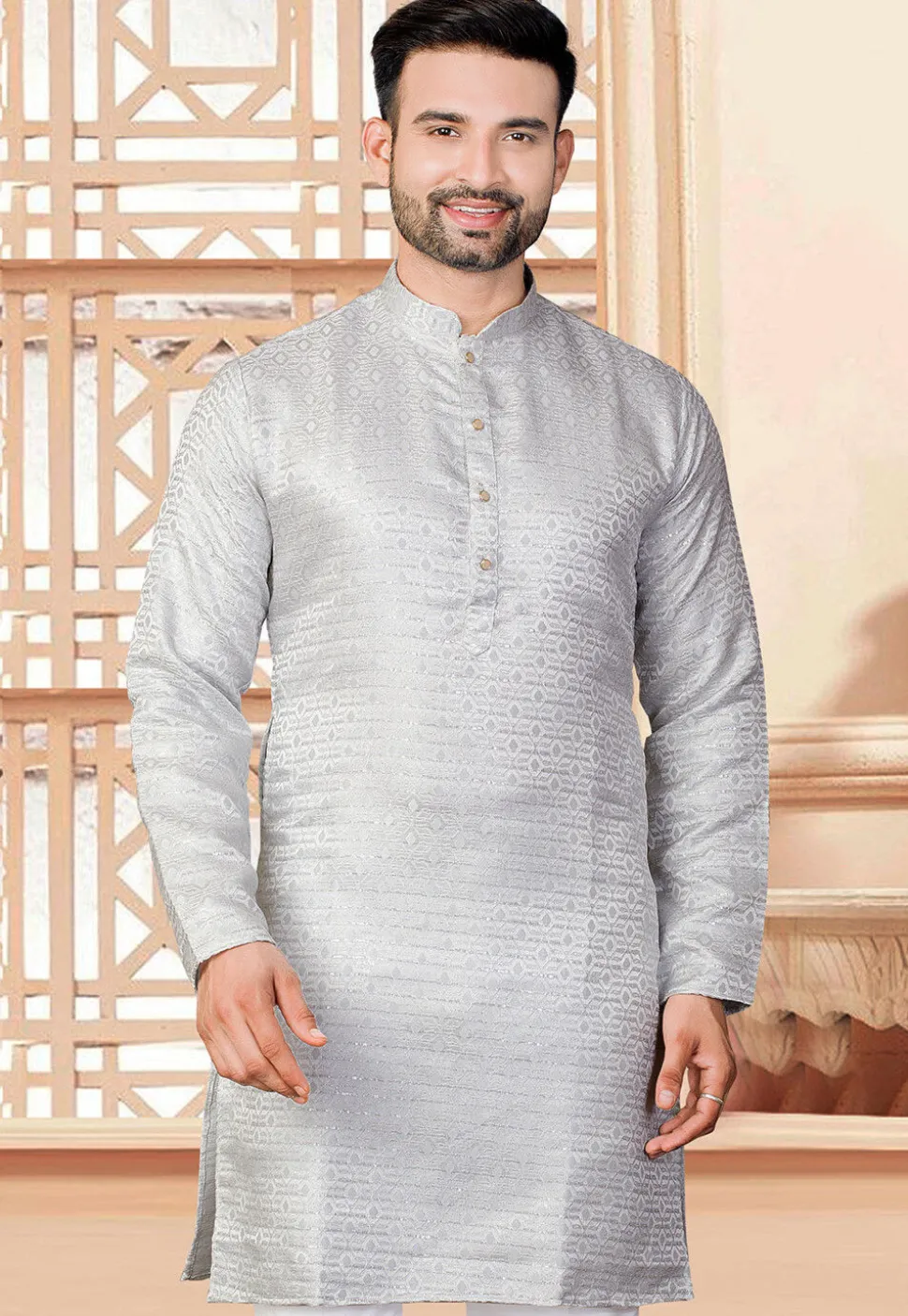 Woven Art Silk Jacquard Kurta in Grey