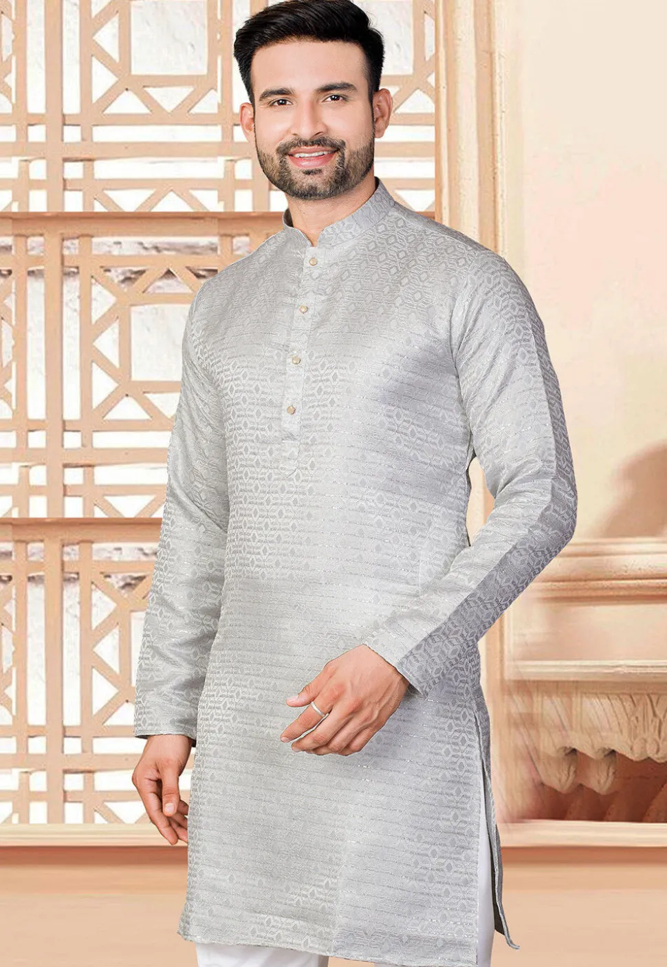 Woven Art Silk Jacquard Kurta in Grey