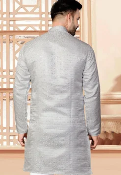 Woven Art Silk Jacquard Kurta in Grey