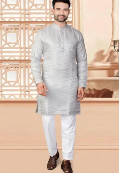 Woven Art Silk Jacquard Kurta in Grey