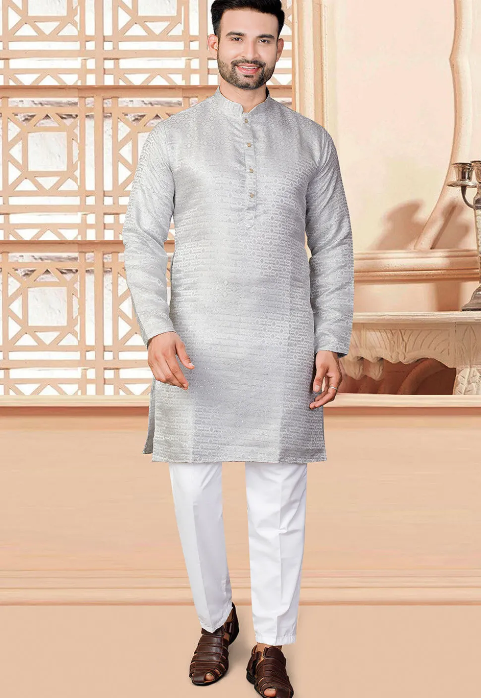 Woven Art Silk Jacquard Kurta in Grey