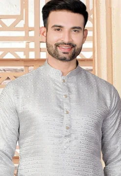 Woven Art Silk Jacquard Kurta in Grey
