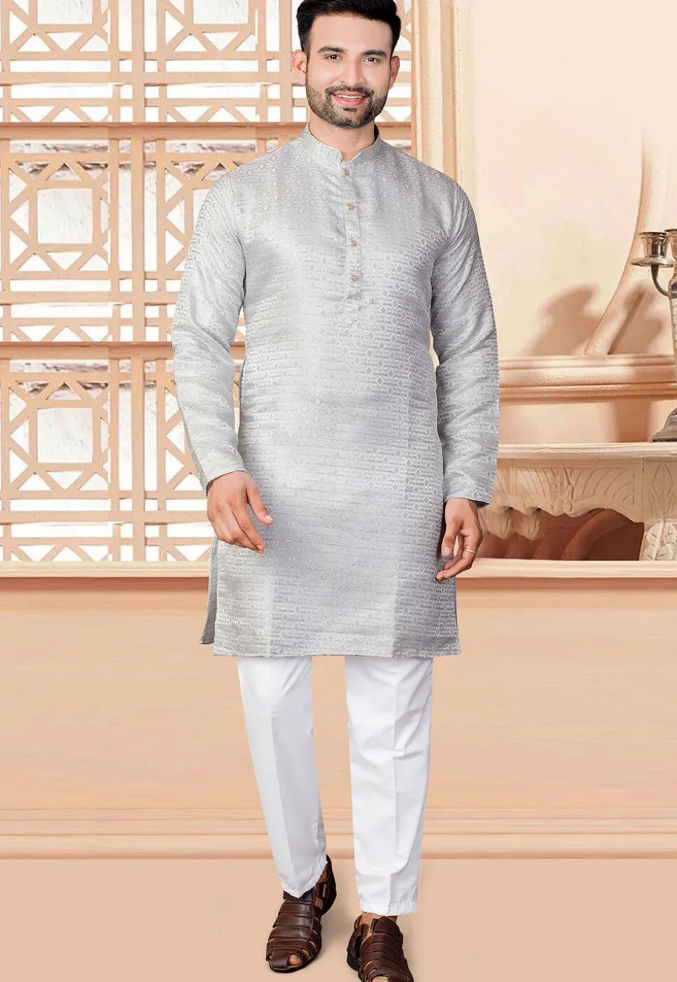 Woven Art Silk Jacquard Kurta Set in Grey