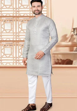 Woven Art Silk Jacquard Kurta Set in Grey
