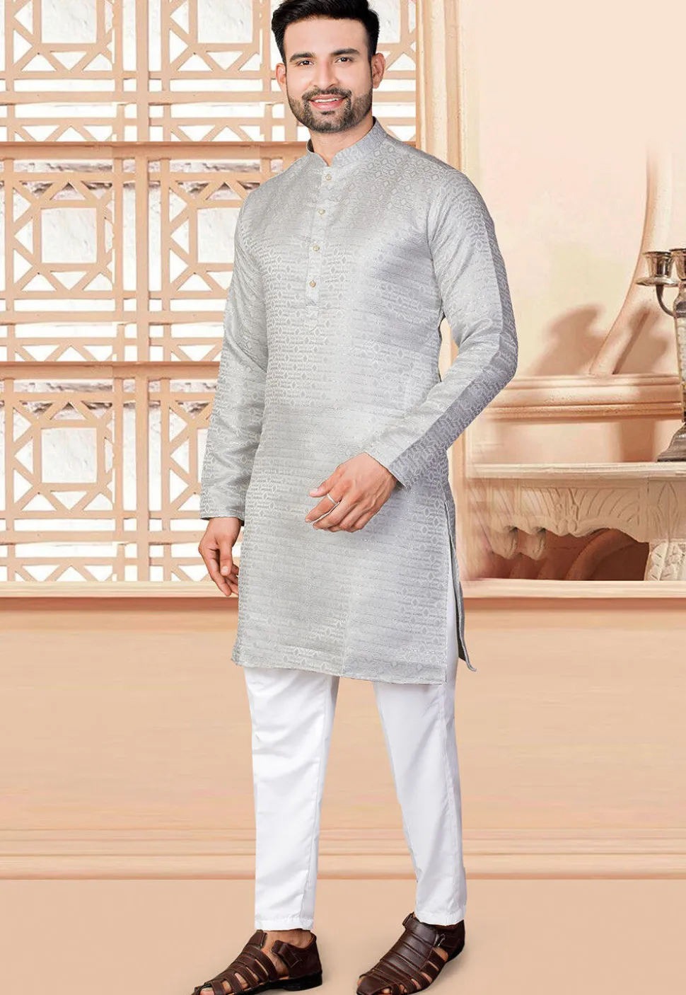 Woven Art Silk Jacquard Kurta Set in Grey