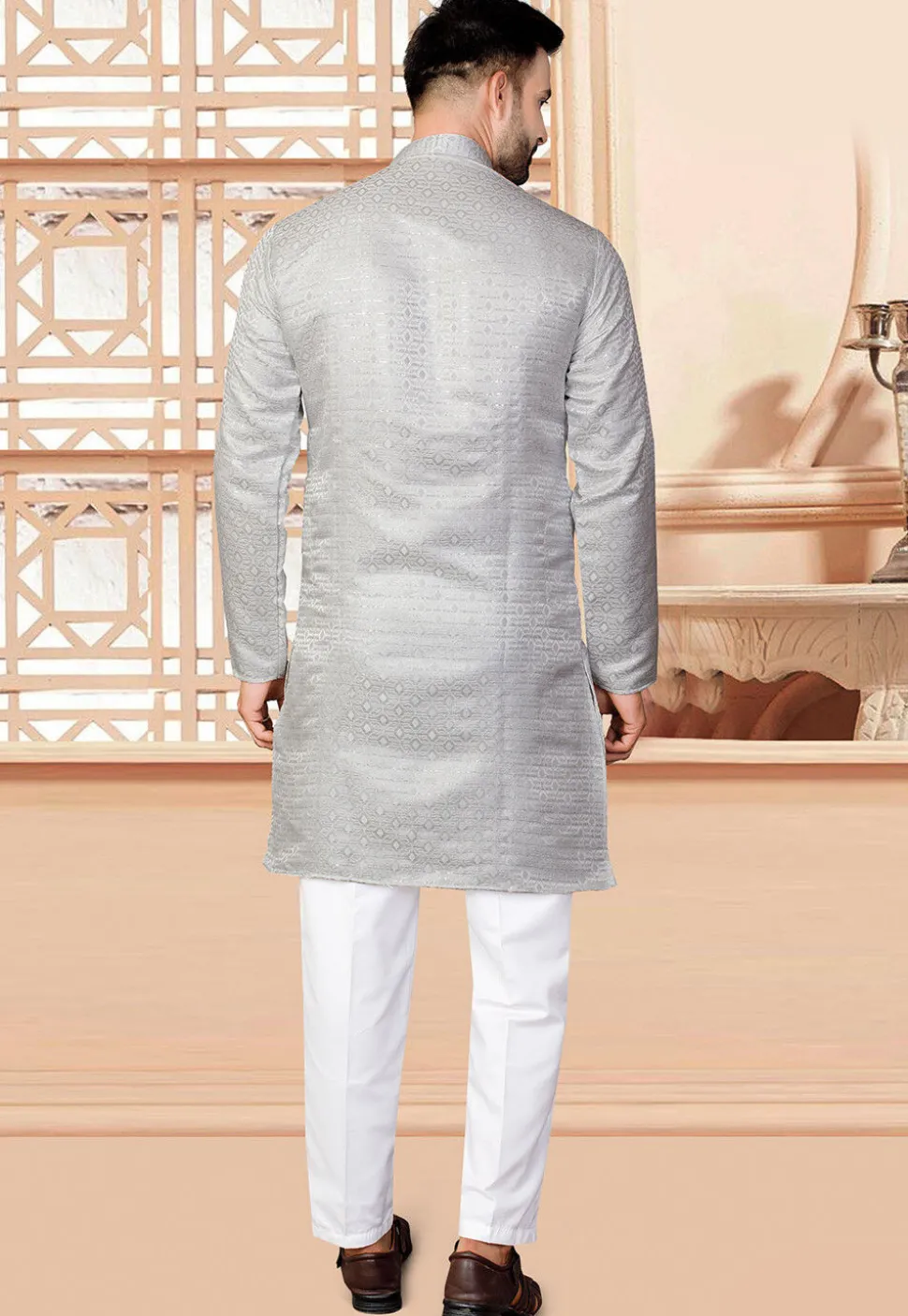 Woven Art Silk Jacquard Kurta Set in Grey
