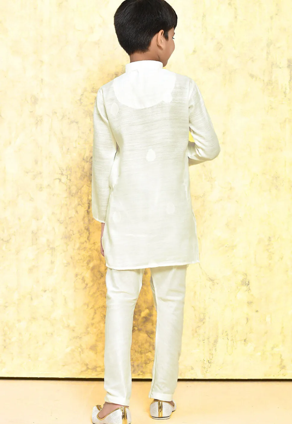 Woven Art Silk Jacquard Kurta Set in Off White