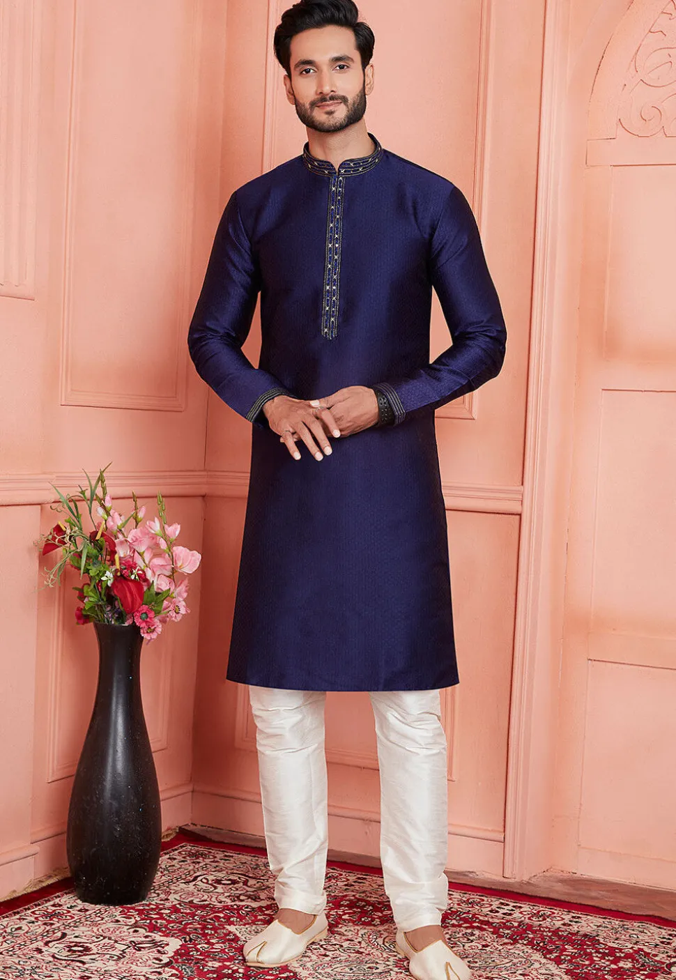 Woven Art Silk Jacquard Kurta Set in Navy Blue