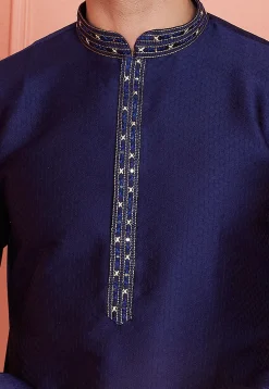 Woven Art Silk Jacquard Kurta Set in Navy Blue