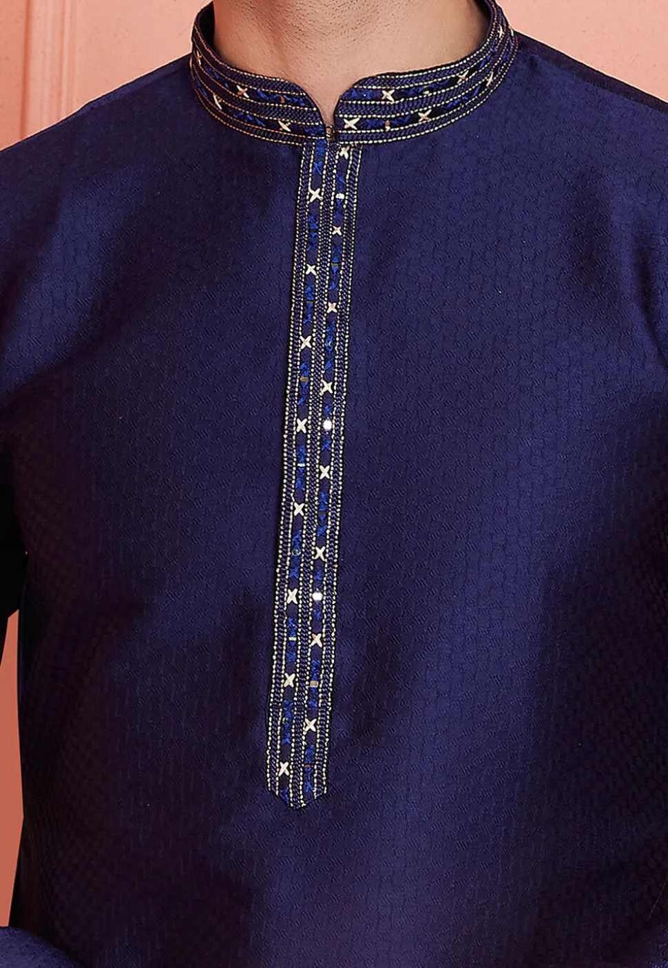 Woven Art Silk Jacquard Kurta Set in Navy Blue
