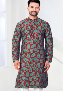 Woven Art Silk Jacquard Kurta in Maroon