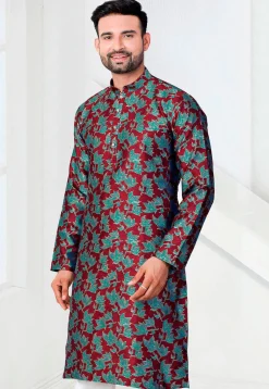Woven Art Silk Jacquard Kurta in Maroon