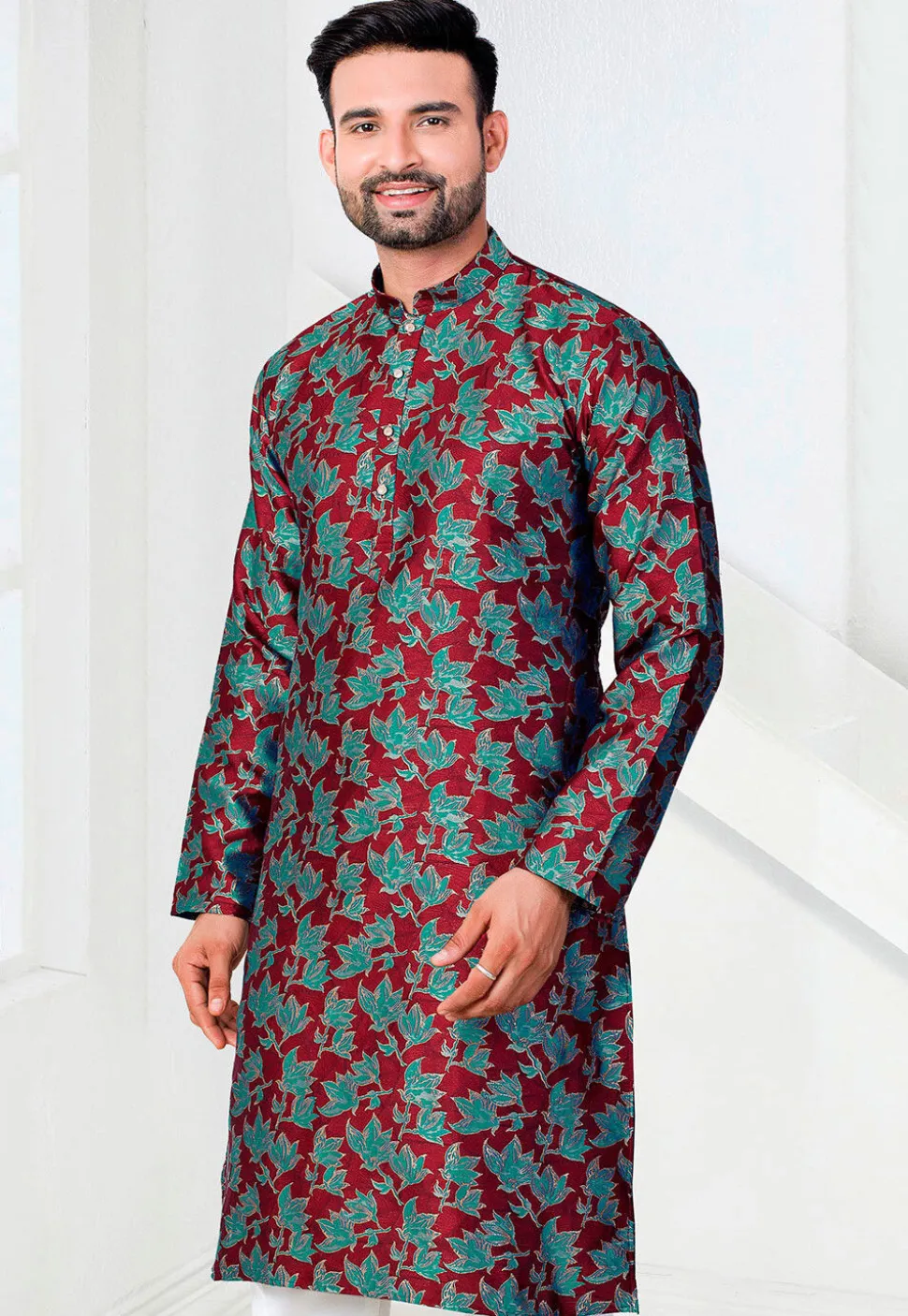 Woven Art Silk Jacquard Kurta in Maroon