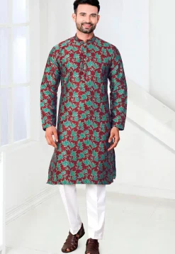 Woven Art Silk Jacquard Kurta in Maroon