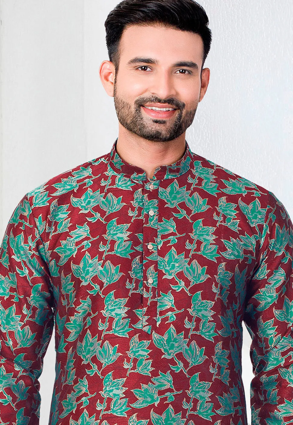 Woven Art Silk Jacquard Kurta in Maroon