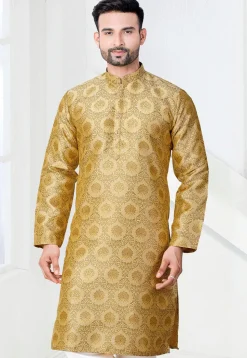 Woven Art Silk Jacquard Kurta in Beige