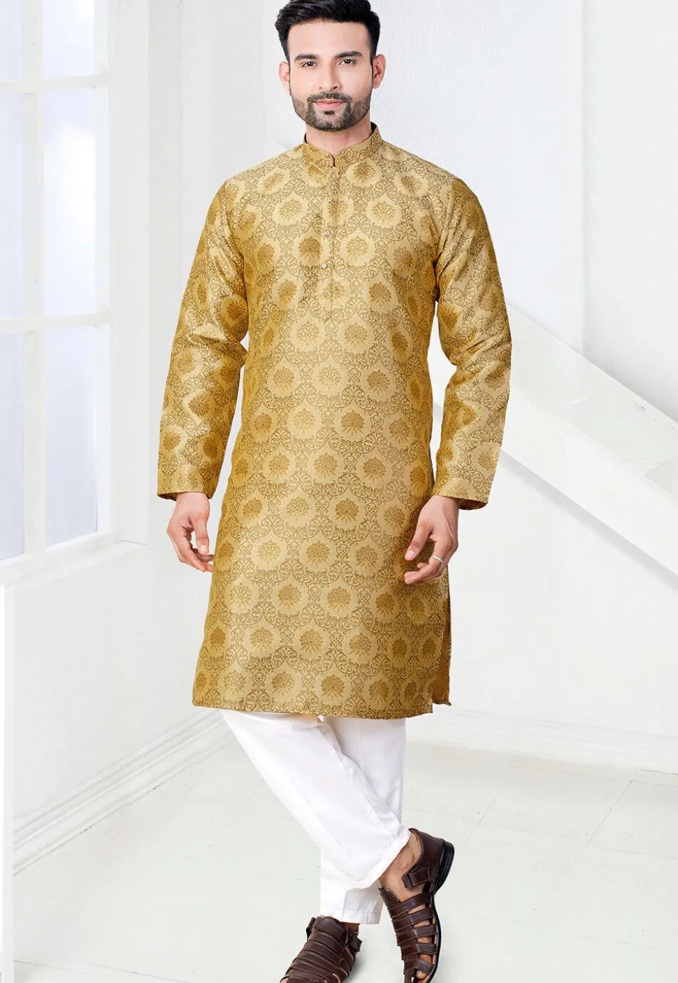 Woven Art Silk Jacquard Kurta in Beige