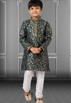 Woven Art Silk Jacquard Kurta Set in Dark Teal Green