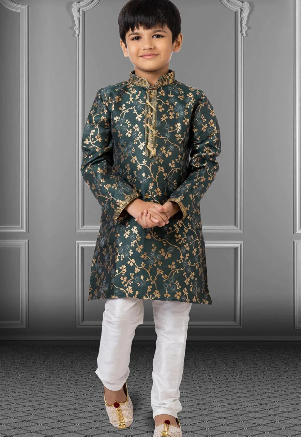Woven Art Silk Jacquard Kurta Set in Dark Teal Green
