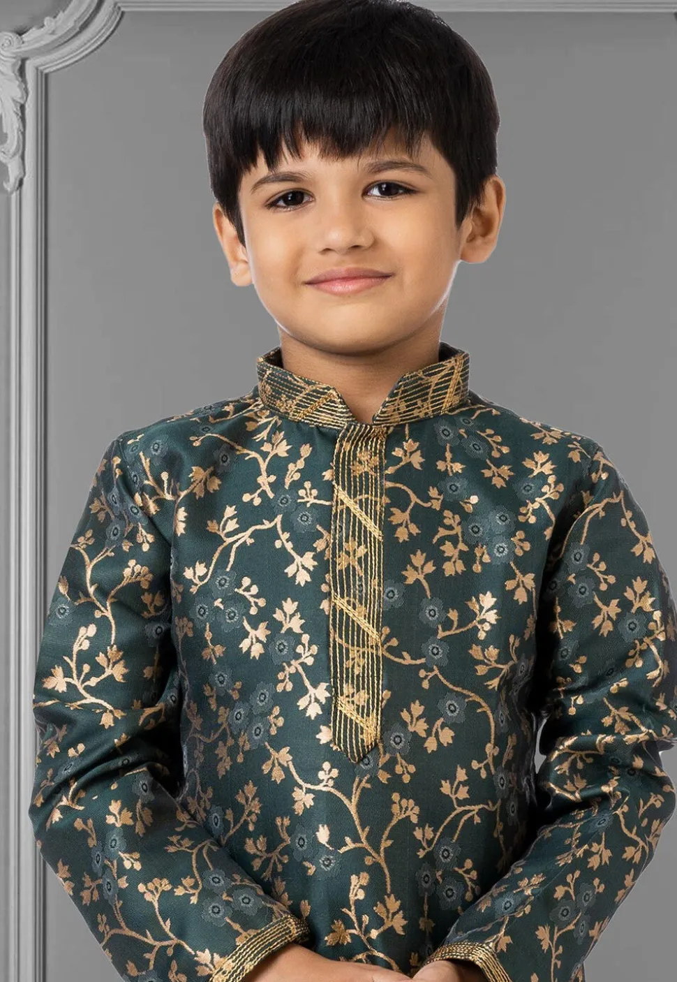 Woven Art Silk Jacquard Kurta Set in Dark Teal Green