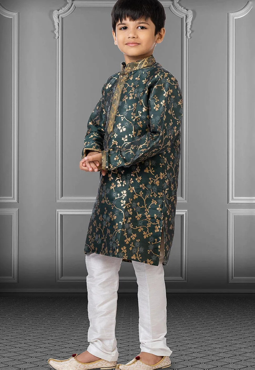 Woven Art Silk Jacquard Kurta Set in Dark Teal Green