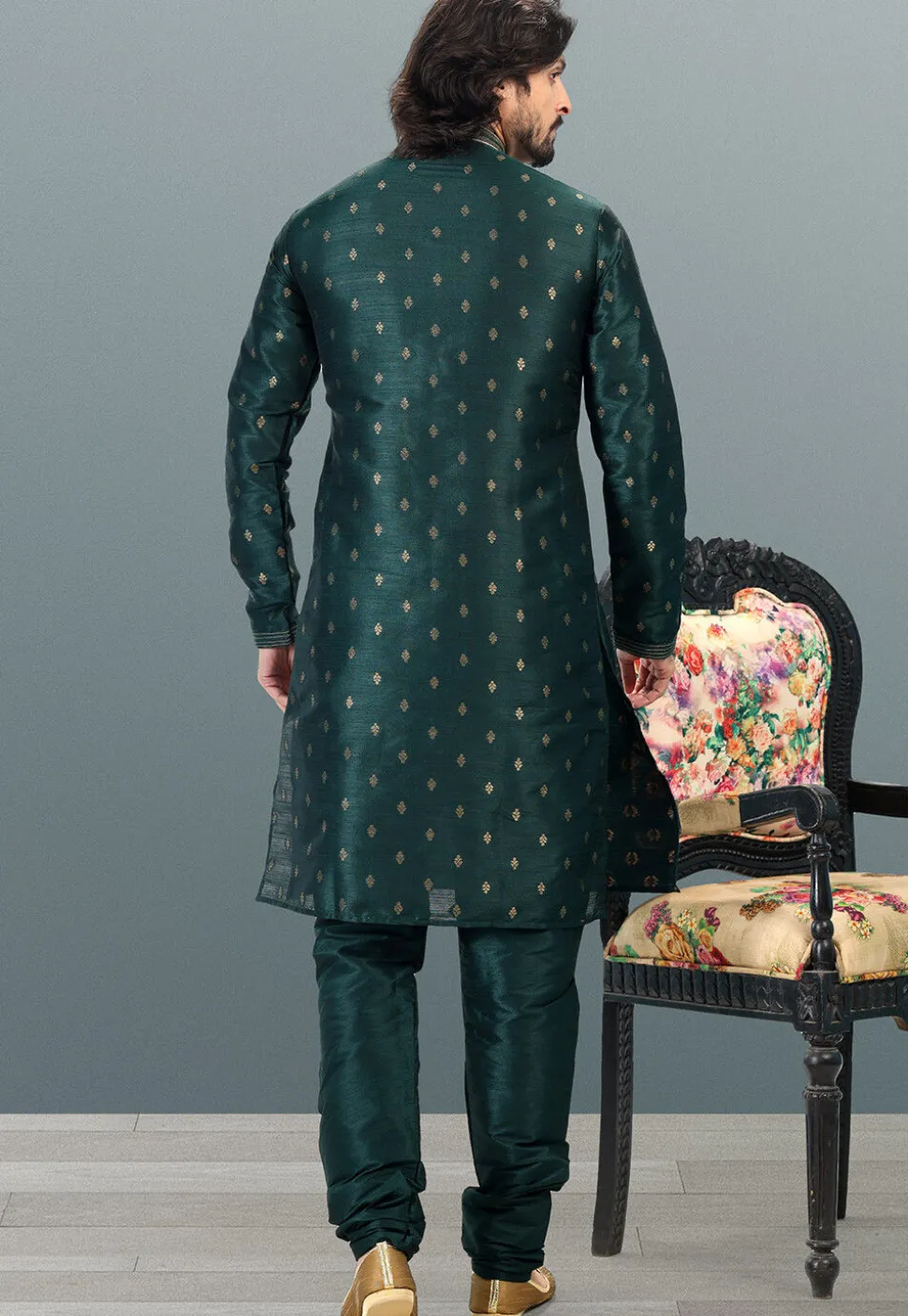 Woven Art Silk Jacquard Kurta Set in Dark Teal Green