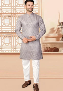 Woven Art Silk Jacquard Kurta Set in Grey