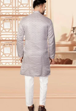 Woven Art Silk Jacquard Kurta Set in Grey