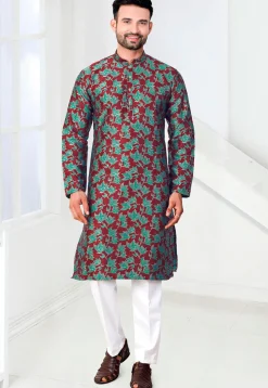 Woven Art Silk Jacquard Kurta Set in Maroon