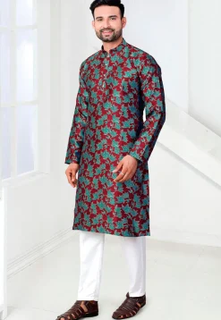 Woven Art Silk Jacquard Kurta Set in Maroon