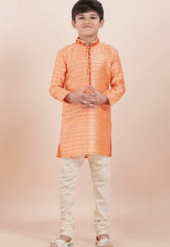 Woven Art Silk Jacquard Kurta Set in Orange