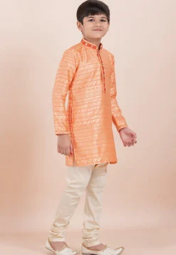 Woven Art Silk Jacquard Kurta Set in Orange