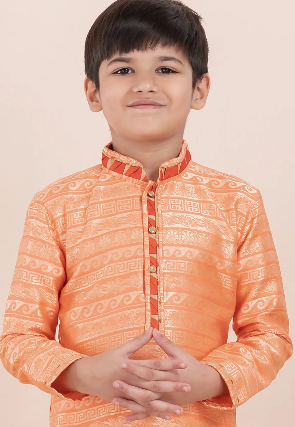 Woven Art Silk Jacquard Kurta Set in Orange
