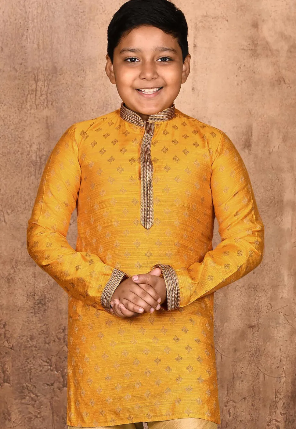 Woven Art Silk Jacquard Kurta in Mustard