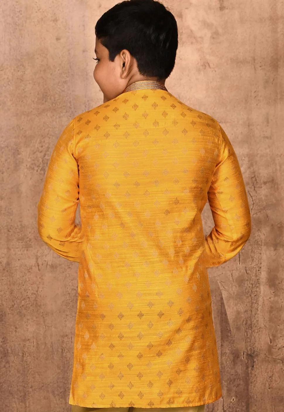 Woven Art Silk Jacquard Kurta in Mustard