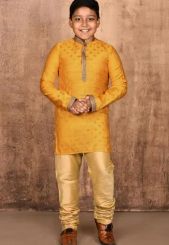 Woven Art Silk Jacquard Kurta in Mustard